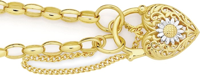 9ct Gold 19cm Solid Oval Belcher Two Tone Sunflower Padlock Bracelet