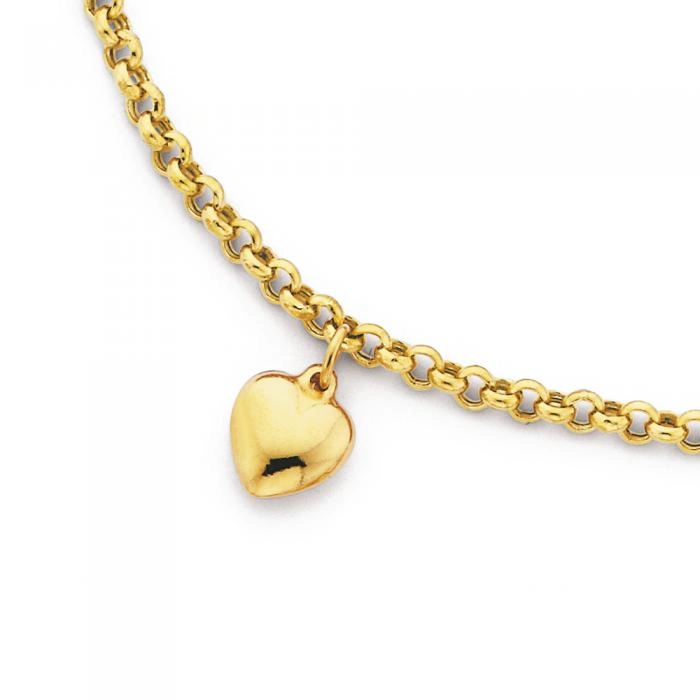 9ct Gold 25cm Hollow Belcher Anklet with Heart Charm