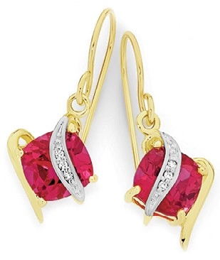 9ct Gold Created Ruby & Diamond Cushion Crossover Drop Earrings