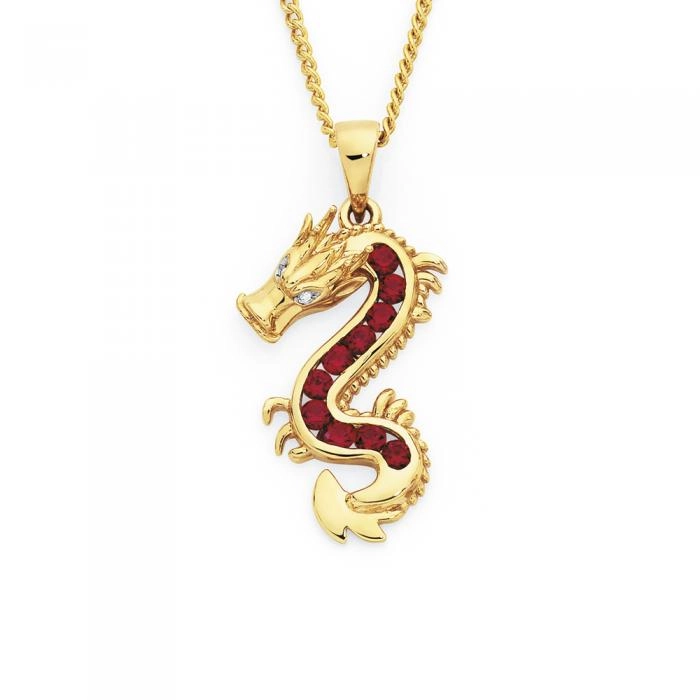 9ct Gold Created Ruby & Diamond Dragon Pendant