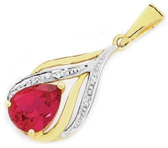 9ct Gold Created Ruby & Diamond Teardrop Pendant