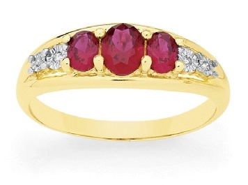 9ct Gold Created Ruby & Diamond Tilogy Ring