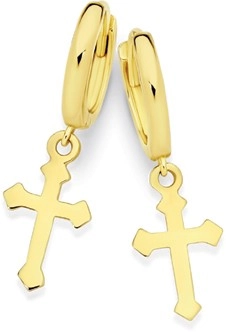 9ct Gold Cross Drop Huggie Earrings