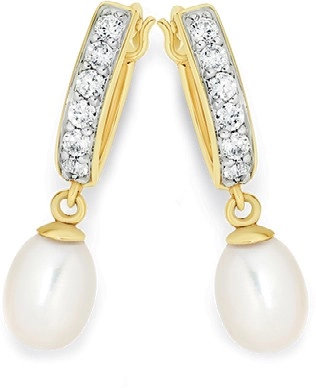 9ct Gold Cultured Freshwater Pearl & Cubic Zirconia Hoop Earrings