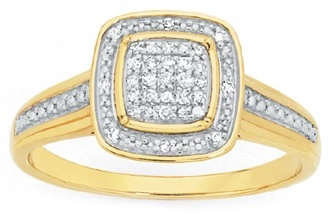 9ct Gold Diamond Cushion Shape Shoulder Set Dress Ring