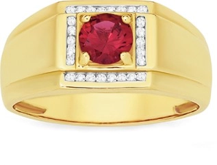 9ct Gold Diamond Gents Created Ruby Ring