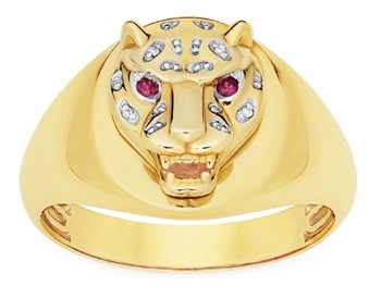 9ct Gold Gents Created Ruby & Diamond Leopard Head Ring