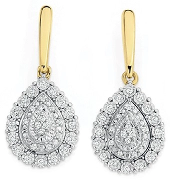 9ct Gold Two Tone Diamond Pear Cluster Drop Stud Earrings