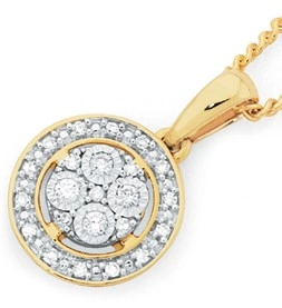 9ct Gold Two Tone Diamond Round Cluster Pendant