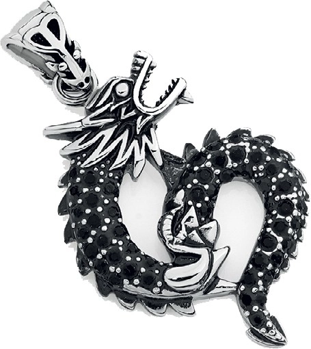 Stainless Steel Gents Black Crystal Pave Dragon Pendant