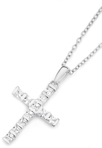 Sterling Silver 20mm Cubic Zirconia & Bar Fine Cross Pendant