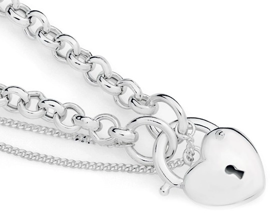 Sterling Silver Belcher Puff Heart Padlock Bracelet