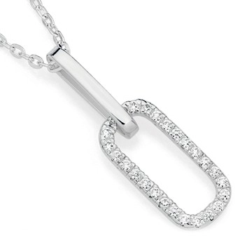 Sterling Silver Cubic Zirconia Long Link On Plain Link Pendant