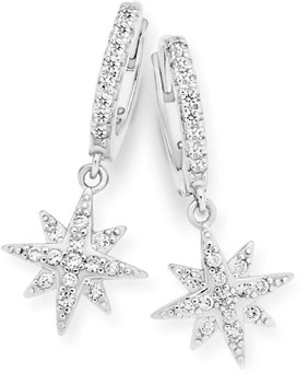 Sterling Silver Cubic Zirconia Magical Star On Cubic Zirconia Hoop Earrings