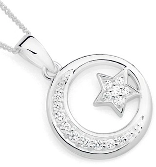 Sterling Silver Cubic Zirconia Moon & Star In Circle Pendant