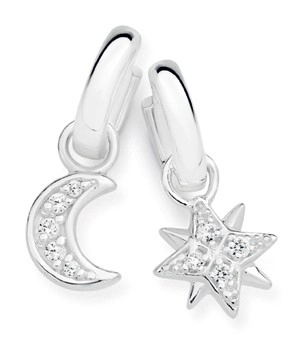 Sterling Silver Cubic Zirconia Moon & Star On Hoop Mismatched Earrings