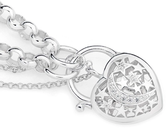 Sterling Silver Cubic Zirconia Moon & Stars Padlock Bracelet