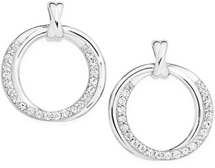 Sterling Silver Cubic Zirconia & Plain Overlap Circles Stud Earrings