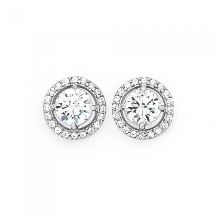 Sterling Silver Cubic Zirconia Round Halo Stud Earrings