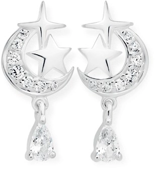 Sterling Silver Cubic Zirconia Stars & Moon Pear Drop Earrings