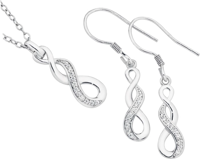 Sterling Silver Cubic Zirconia Triple Loop Twist Drop Pendant & Earrings Set