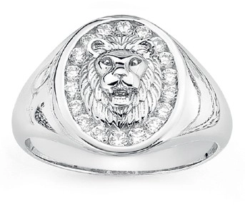 Sterling Silver Gents Cubic Zirconia Surround Lion Head Oval Signet Ring