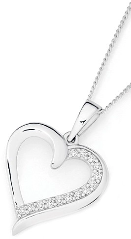 Sterling Silver Heart Half Lined with Cubic Zirconia Pendant