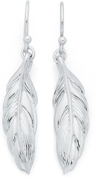 Sterling Silver Long Leaf Hook Drop Earrings