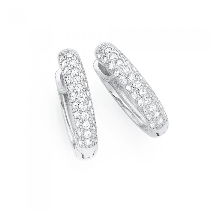 Sterling Silver Pave Set Cubic Zirconia Rounded Huggie Earrings