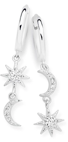 Sterling Silver Stargaze Cubic Zirconia Star & Moon On Hoop Earrings