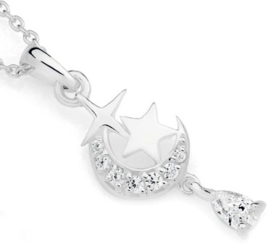 Sterling Silver Stars & Moon Pear Cubic Zirconia Pendant