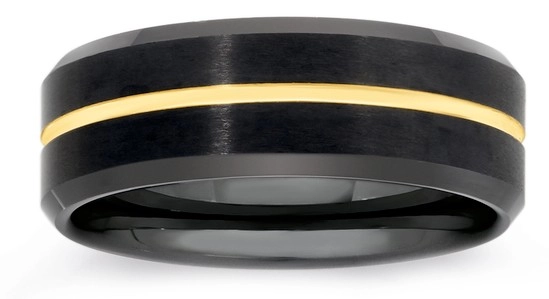 Tungsten Carbide Gents Black Yellow Gold Centre Line Ring