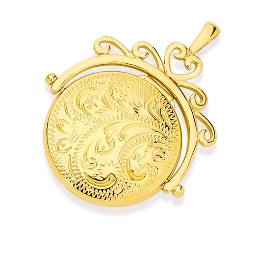 9ct Gold 25mm Filigree Engraved Flat Round Spinner Locket