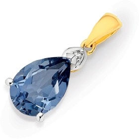 9ct Gold Created Ceylon Sapphire & Diamond Pendant