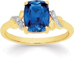 9ct Gold Created Ceylon Sapphire & Diamond Ring