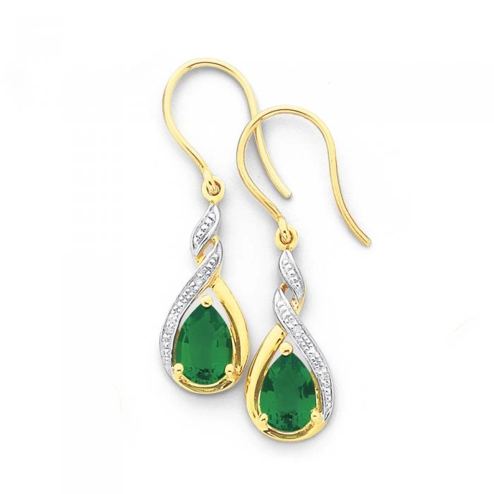 9ct Gold Created Emerald & Diamond Drop Earrings