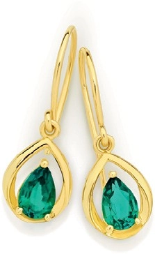 9ct Gold Created Emerald Hook Earrings