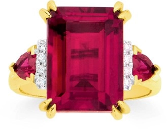 9ct Gold Created Ruby & Diamond Emerald Cut Dress Ring