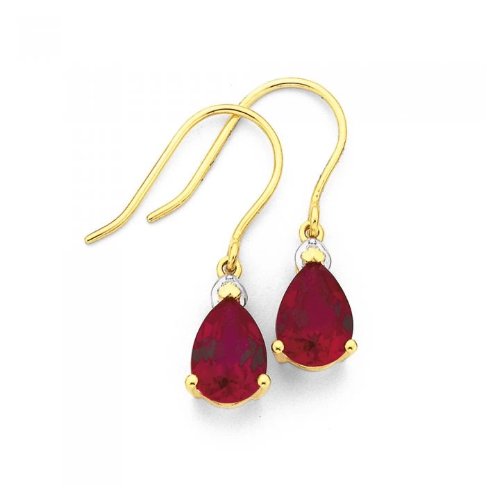 9ct Gold Created Ruby & Diamond Pear Earrings