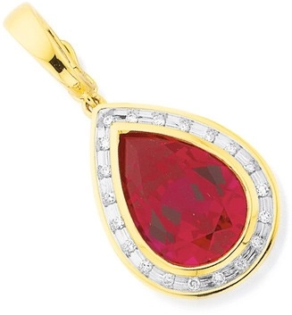 9ct Gold Created Ruby & Diamond Pear Shape Pendant