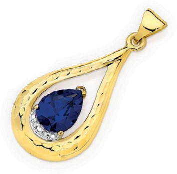 9ct Gold Created Sapphire & Diamond Open Teardrop Pendant