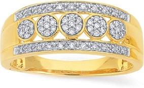 9ct Gold Diamond Five Cluster Band