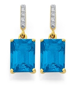 9ct Gold London Blue Topaz & Diamond Drop Earrings