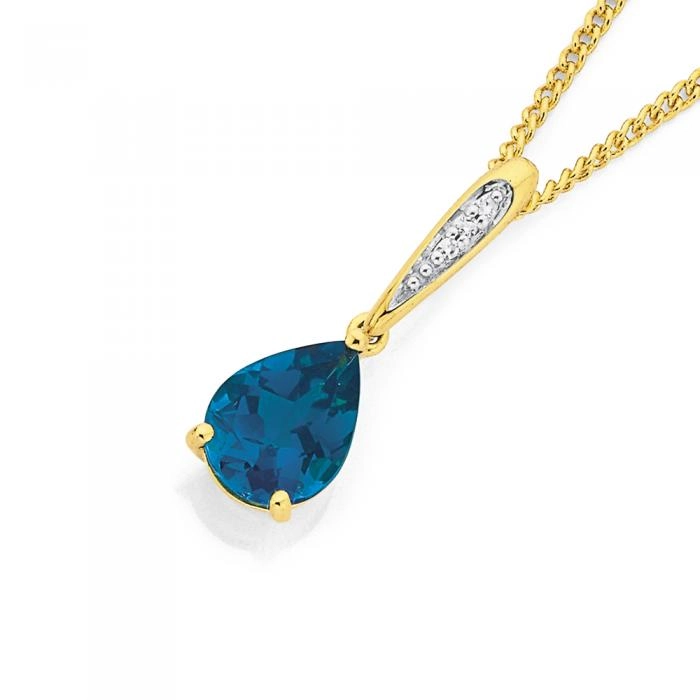 9ct Gold London Blue Topaz & Diamond Pear Drop Pendant