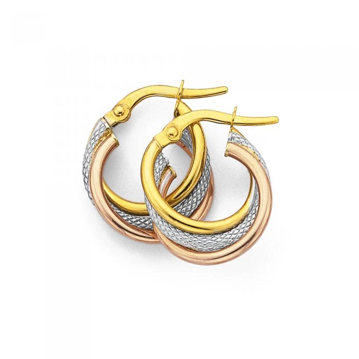 9ct Gold Tri Tone 10mm Triple Hoop Earrings