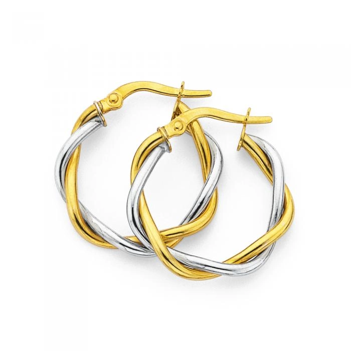 9ct Gold Two Tone 15mm Entwined Twist Hoop Earrings