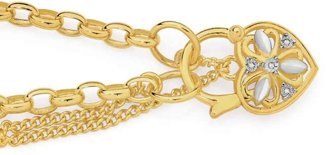 9ct Gold Two Tone 19cm Solid Oval Belcher Diamond Padlock Bracelet