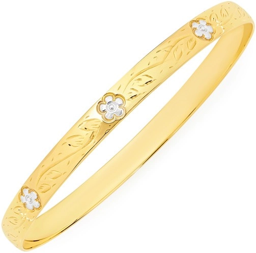 9ct Gold Two Tone 65mm Solid Flower Bangle