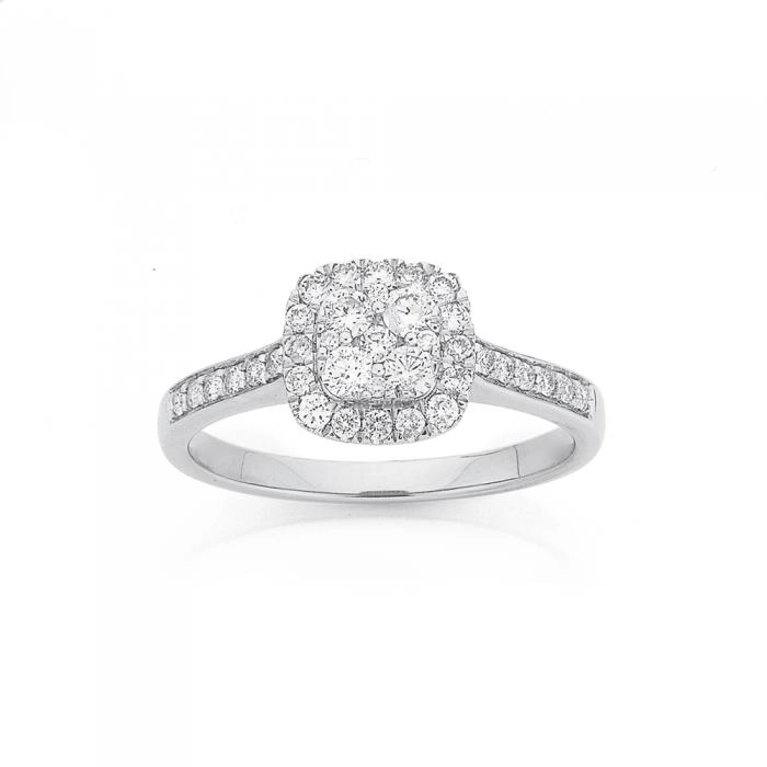 9ct White Gold Diamond Cushion Shape Ring