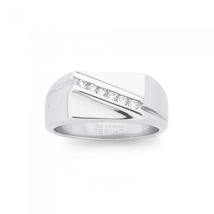 Stainless Steel Men's Rectangle Cubic Zirconia Diagonal Line Ring